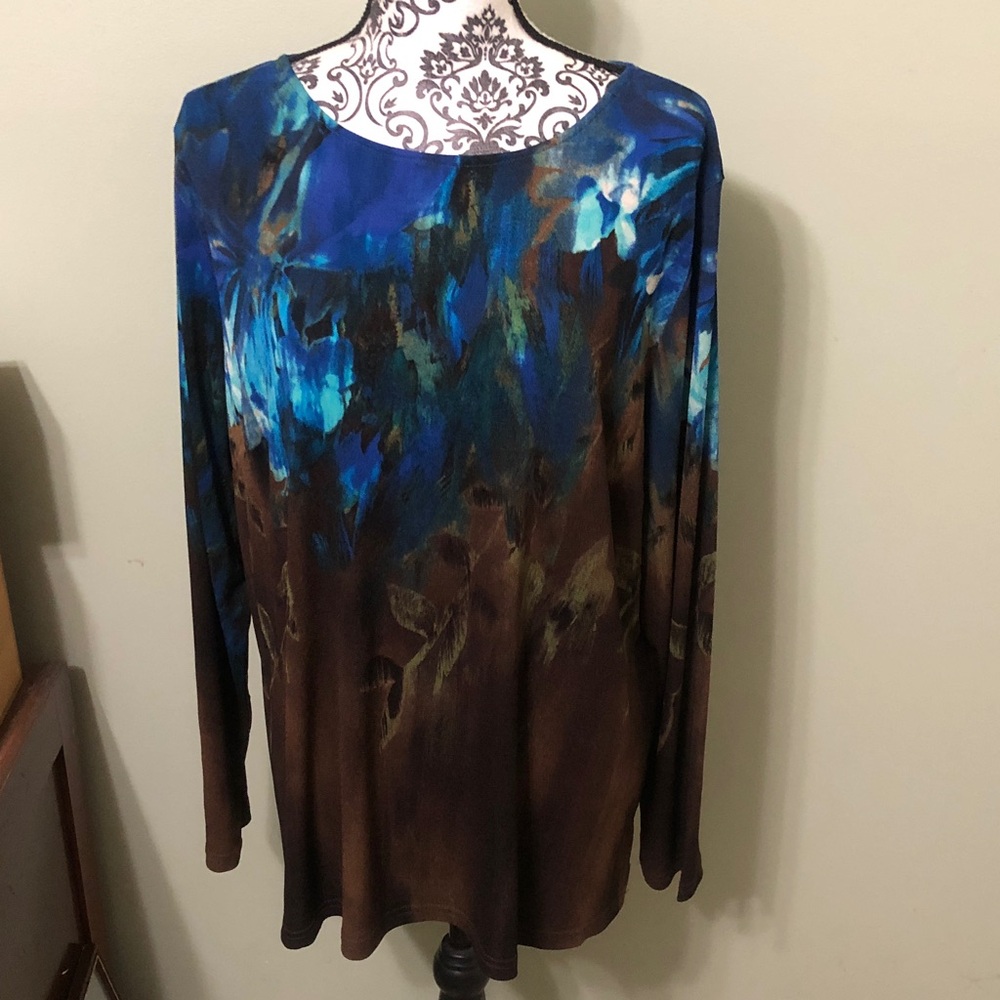 Bob Mackie Blue & Brown Abstract Long Sleeve Top